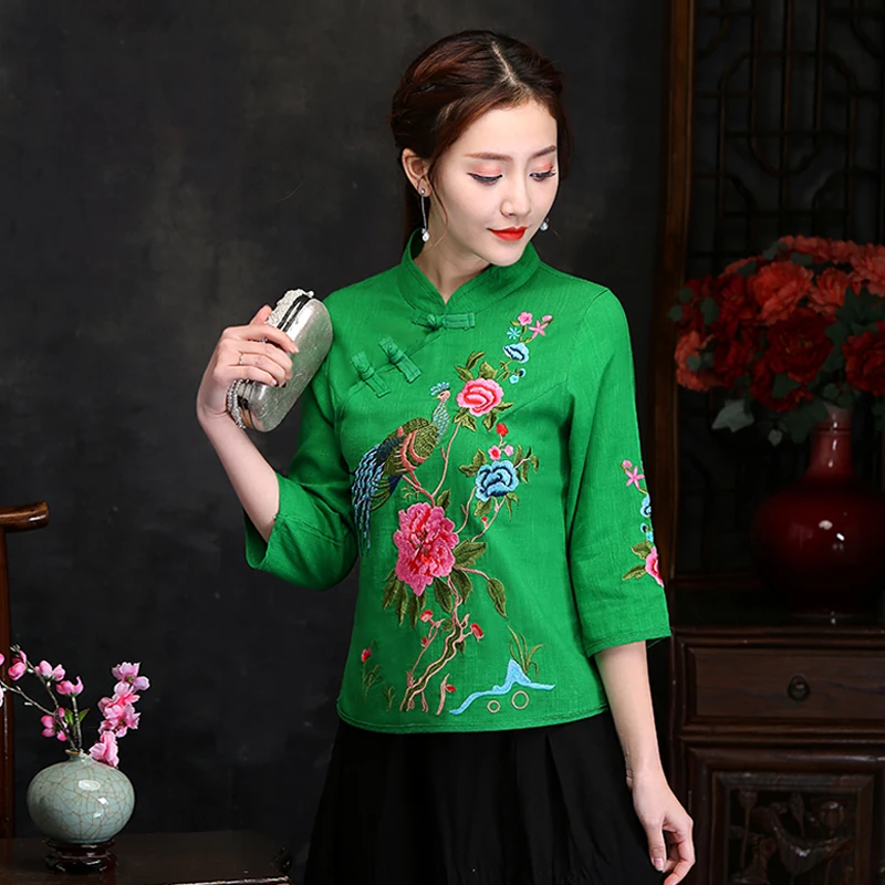 Женские китайские Топы Hanfu с вышивкой, винтажная рубашка, этнический литературный воротник-стойка, хлопок, лен, китайский стиль, женская одежда TA1384