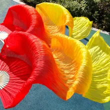 Качественные женские шелковые вуали для танца живота, веера, натуральный шелк, 1 пара, 180*90 см, красный+ оранжевый+ желтый