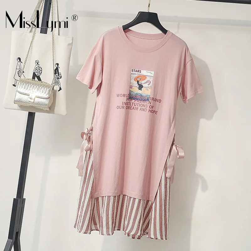 

XL-5XL Plus Size Women Pink Dress Summer 2019 Short Sleeve Print Loose Casual Patchwork Bow-Knot Striped A-Line Dresses