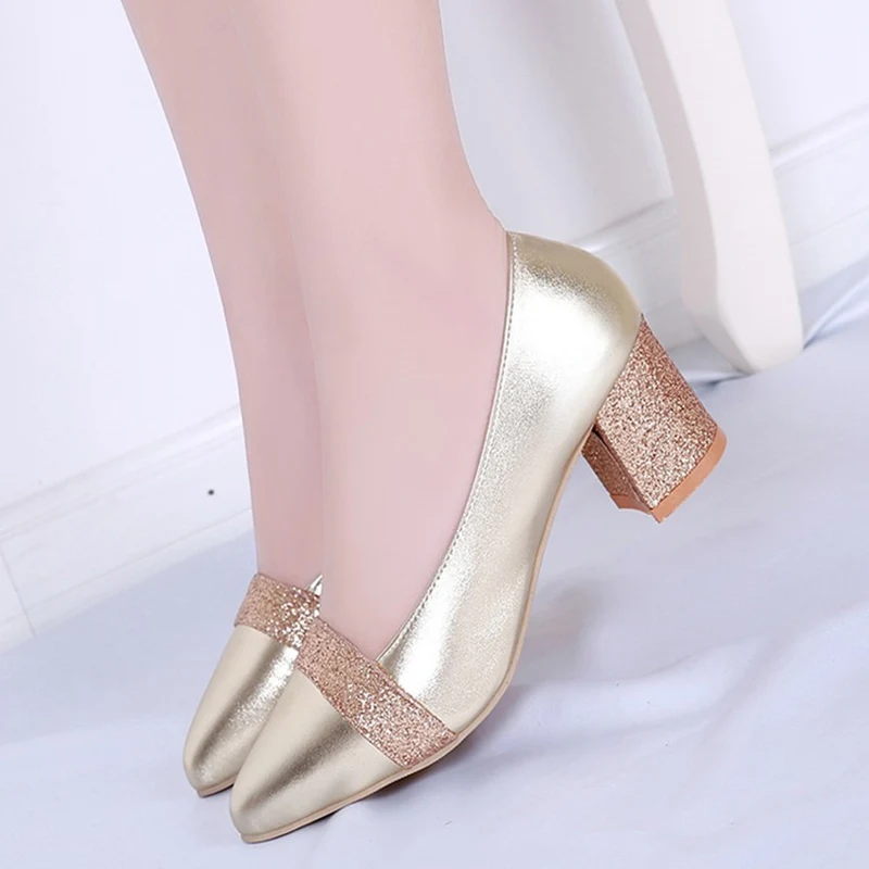 

2019 Spring Women Pointed Toe Shoes Sweet Bling Shallow Pumps Square Heel Female Gold Sliver Classic Slip-On Dress Shoes Ladies