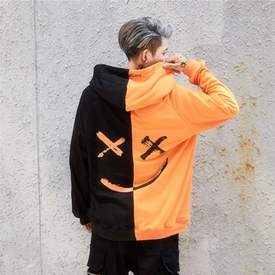 Us size S-XL Usa Men Hoodies Sweatshirts Smile Print Patchwork Headwear Hoodie Hip Hop Streetwear Clothing Streetwear L255 - Цвет: black and orange