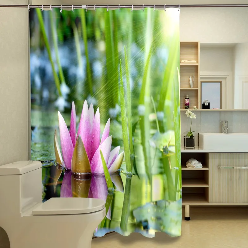 Beautiful 3D Photo Printing Shower Curtains Lotus Pond Waterproof