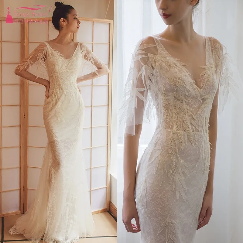 Big Offer Mermaid Wedding Dresses 2019 V Neck Lace Embroidery Long