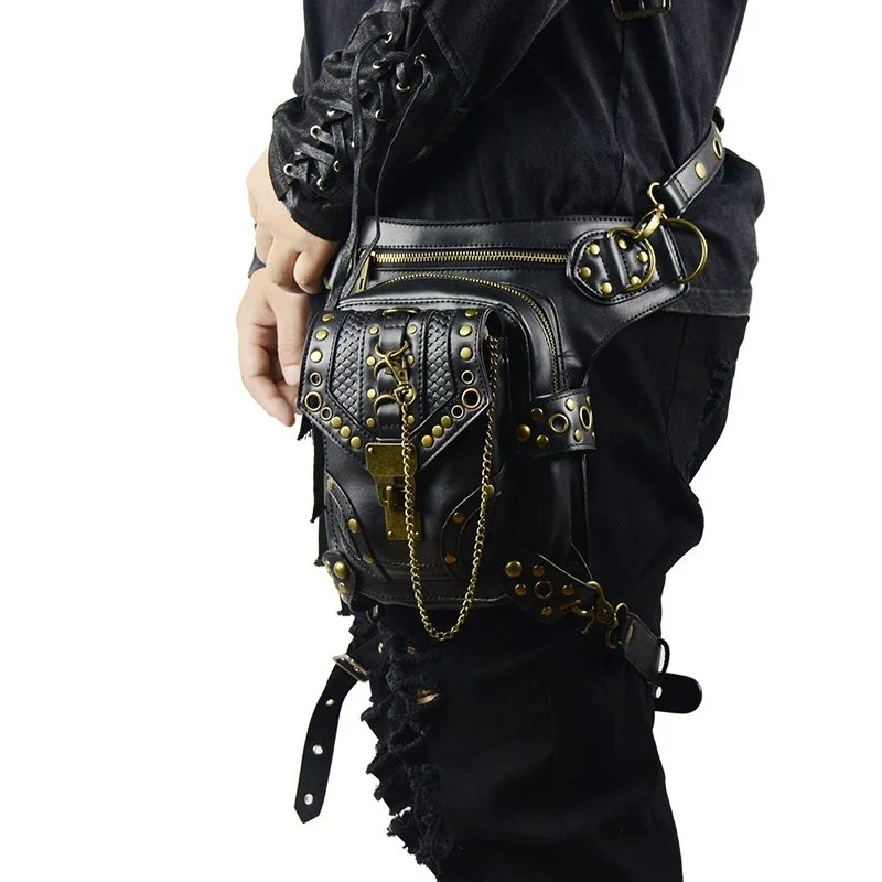 Ретро стимпанк Кожаная поясная сумка змеиная сумка через плечо рок для мужчин и женщин Готический Черный Фанни сумки модные мотоциклетные ноги сумки - Цвет: Black