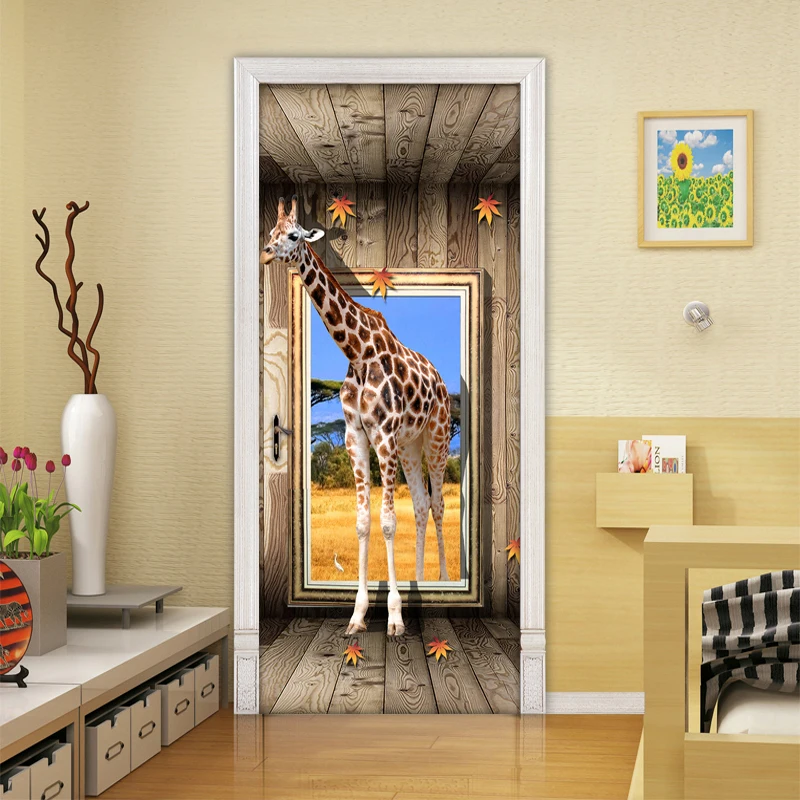 Декор для дома из ПВХ водонепроницаемый самоклеющиеся двери клеющиеся фотообои Жираф 3D стерео деревянная рамка космические фотообои в виде постеров