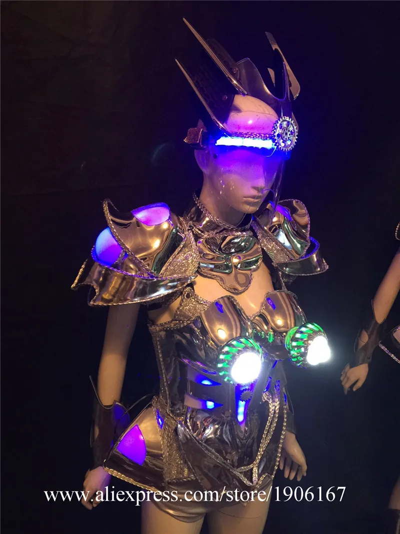 Silver bar ballroom dance led costumes helmet lighted sexy dresses singer wears stage models car robot clothes music dj07