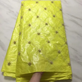 

Free Shipping Africa Bazin Brocade Richer Getzner Stones Beads Guinea Basin Garment lace Materials 5 yards Per set For Dress