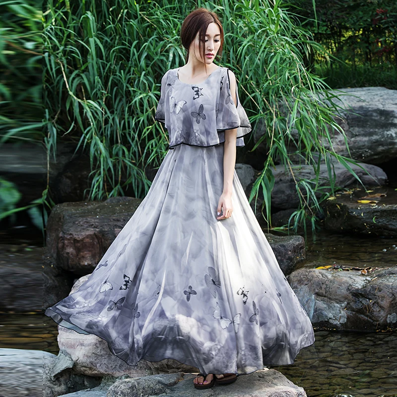 Lolita zomer chiffon Slanke strapless Bohemen losse dame jurk Strand maxi vintage casual boho Bohemian bloem gedrukt jurk Lolita zomer chiffon Slanke strapless Bohemen losse dame jurk Strand maxi vintage casual boho Bohemian bloem gedrukt jurk