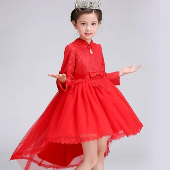 

Elegant Sweet Long Sleeves Trailing Dovetai Lace Flower Girl Party Dress Kids Baby Children Birthday Communion Carnival Costume