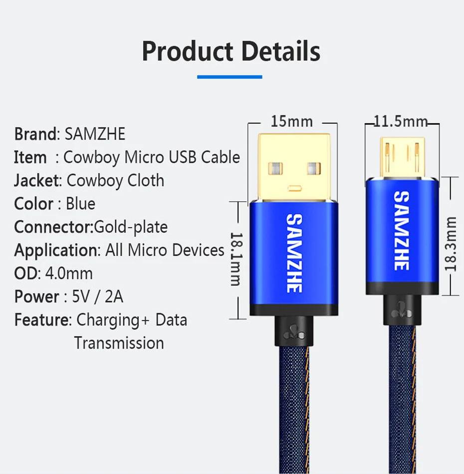 Samzhe Micro USB кабель 1 м 1,5 м 2A быстрое зарядное устройство кабель для передачи данных джинсовый Плетеный зарядный кабель для мобильного телефона usb для samsung xiaomi LG