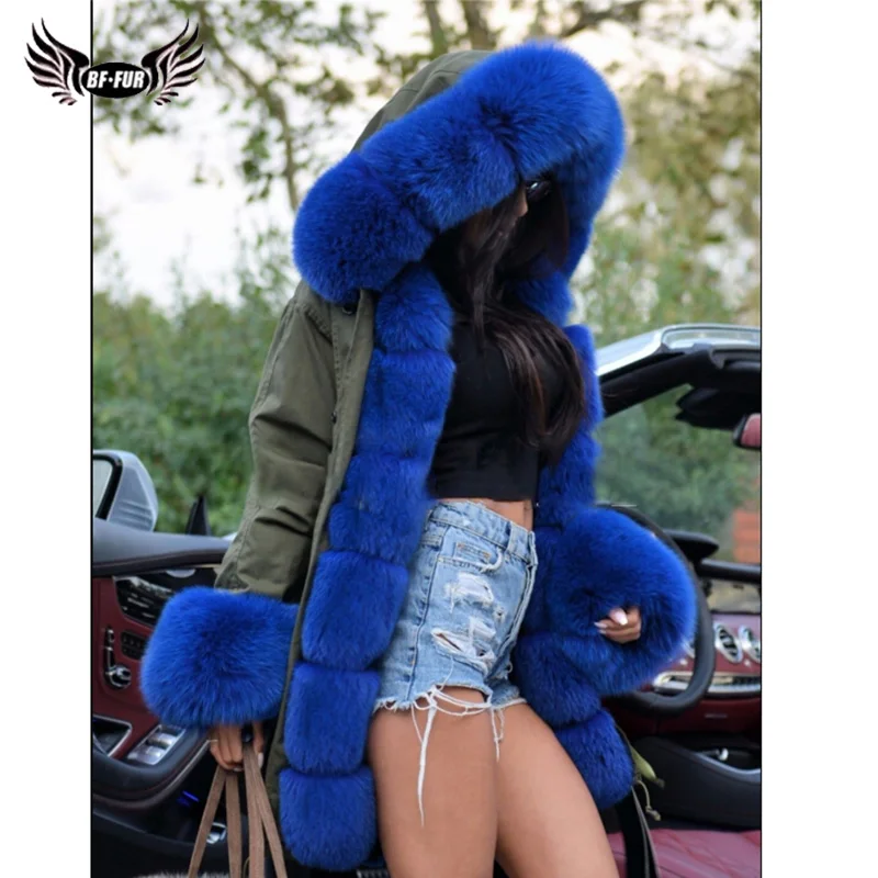 Bffur Veste Denim Manteau La Femmes Avec Real Haut Toute Peau Grade Épaisse Fox Chaud Bleu Naturelle Réel Col Parka Parc Fur De Fourrure aTqarwA