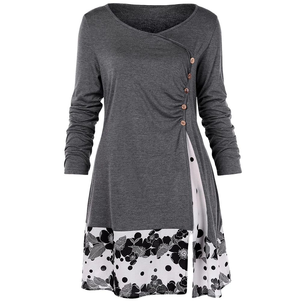 

Plus Size 5XL Draped Floral Long Tunic Shirts Long Sleeve O-Neck Buttons Embellished Women Blouse Spring Casual Tops Tee