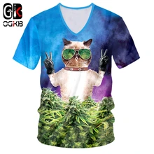 OGKB V Camisas Pescoço T Moda Masculina Manga Curta 3D Tshirt Impresso Óculos De Sol Gato Plus Size Traje Homme Primavera T-shirt(China)