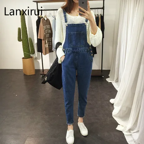 

2018 Summer Style Bib Overalls For Women Washed Wear Scar Personality Big Pocket Scratched Dark Blue Denim Overalls Jeanforwomen