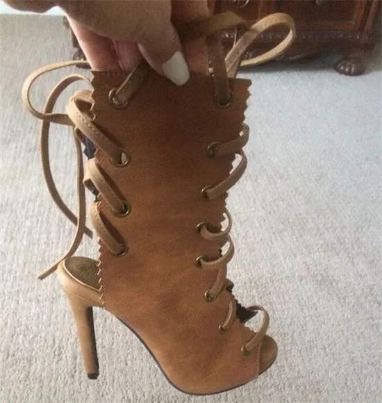 Hot Sale Brown Leather Women Boots Cut Out Peep Toe Sandals Boots Lace Up Ankle Boots High Heels Shoes Woman Booties Botas Mujer (7)