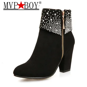 

MVP BOY Winter Women Boots Fashion Thick High Heels Boots Crystal Autumn Ankle Boots for Women Shoes black Red Big Size 34-43