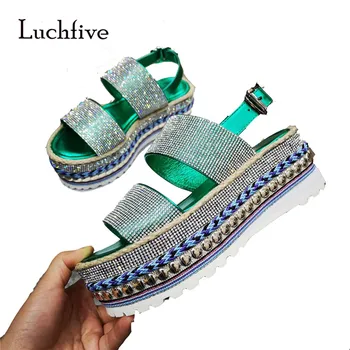 

Open Toe Double Strap Bling Bling Sandals Braid Leather 6cm Platform Girl's Summer Beach Shoes Gladiator Sandalias