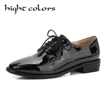 Новинка года; женские туфли-оксфорды из лакированной кожи с острым носком на шнуровке; модная женская повседневная обувь в британском стиле на низком каблуке; размеры 34-43