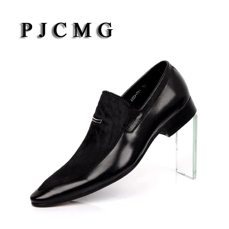

PJCMG Fashion Men Oxford Wedding Male Slip-On Pointed Toe Office Genuine Leather Dress Black Size 38-44 Shoes With Horse Hair