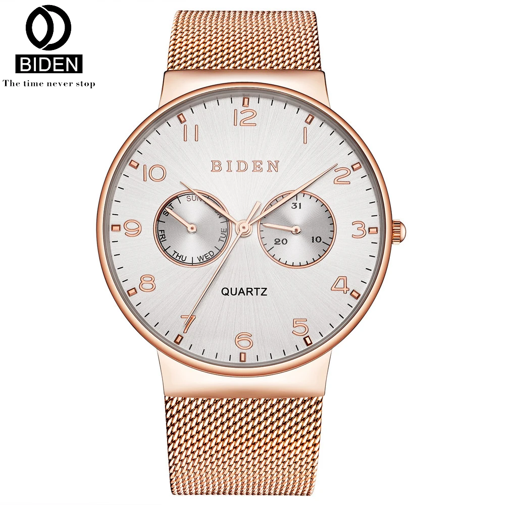 

BIDEN Week Month Male Wrist Watch Men Military Sport Clock Top Brand Luxury Mesh Steel Band Ultra Thin Quartz Man Watches 0047