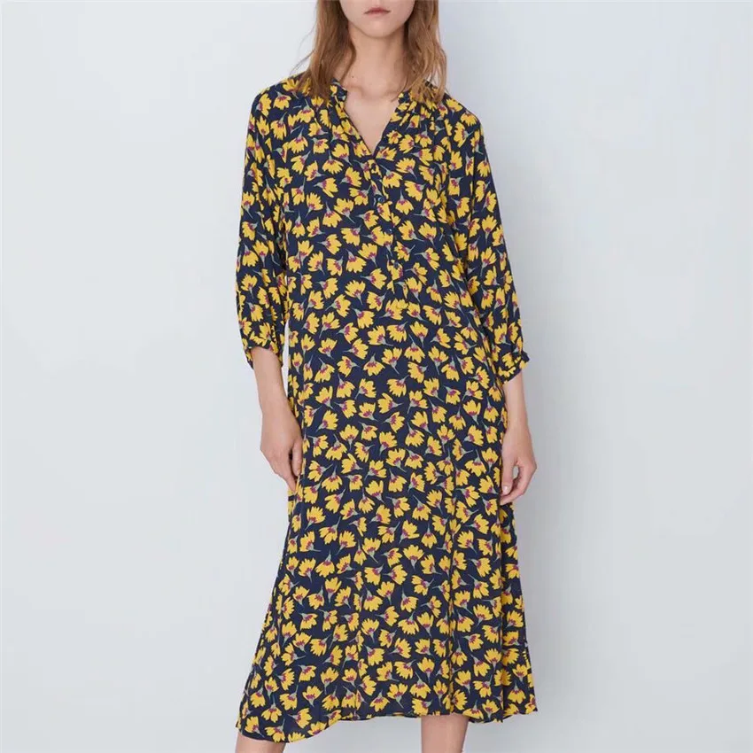 Women stylish floral print midi dress three quarter sleeve female casual wear straight mid calf dresses summer chic vestido