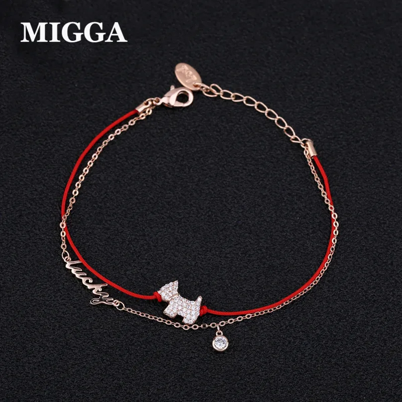 

MIGGA Double Layers CZ Zircon Stone Lucky Dog Fashion Bracelet Rose/White Gold Color Red Rope Bracelet