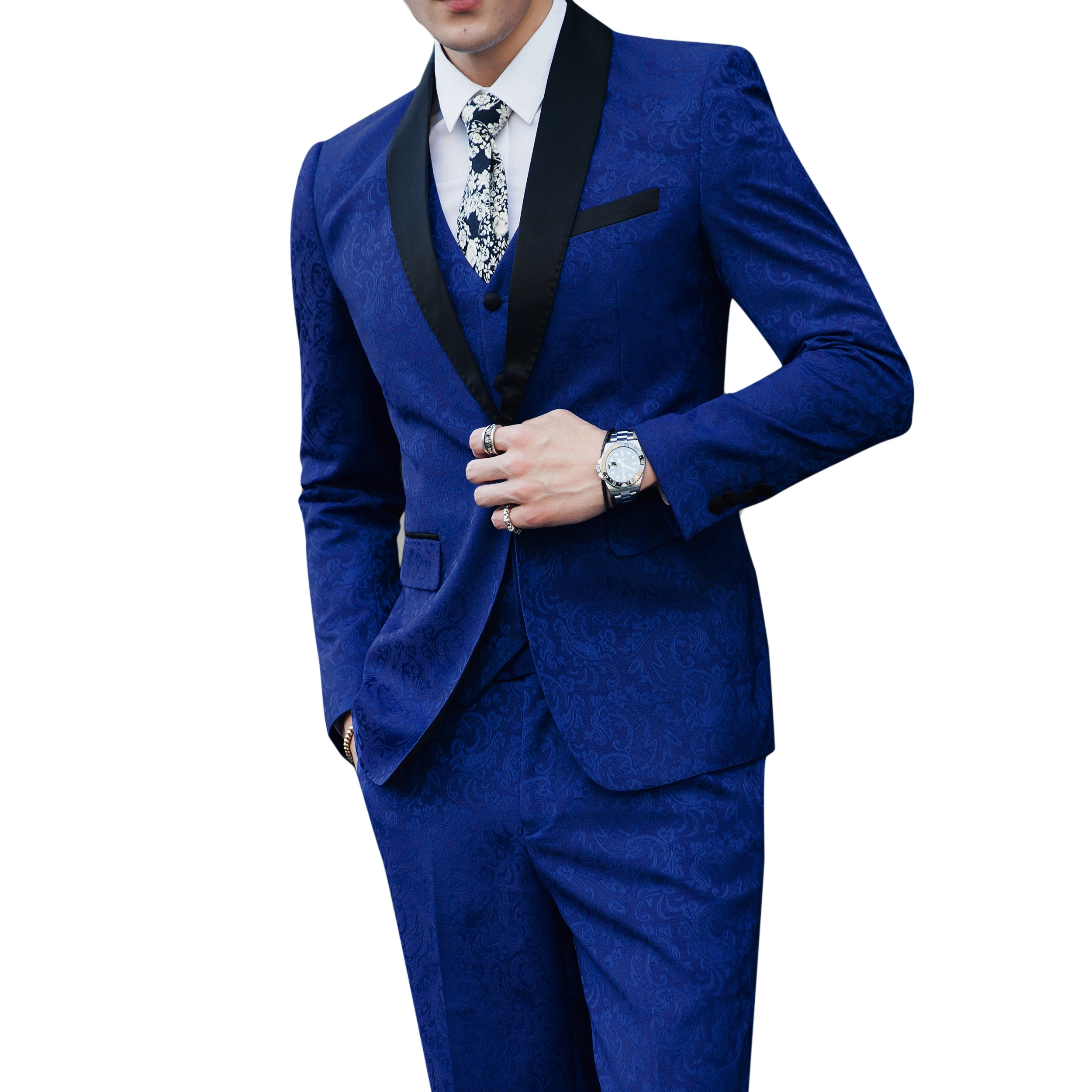 FOLOBE Blue Jacquard Men Suits For Wedding Groom Tuxedos Mens Suits