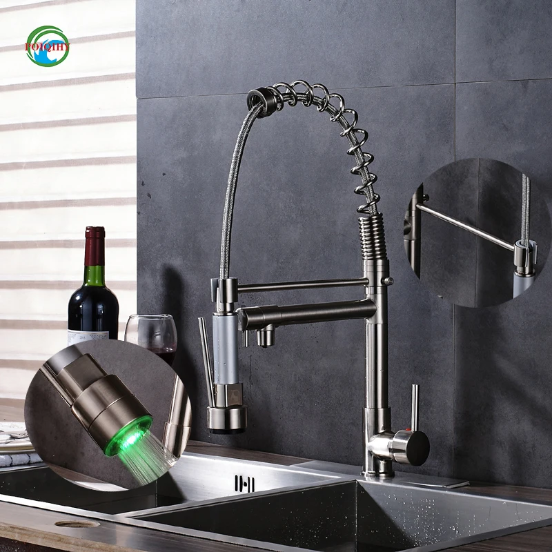 

Beautiful Kitchen Water Taps two Spout Brushed Nickel Kitchen Mixer Faucet Single Handle Deck Mounted