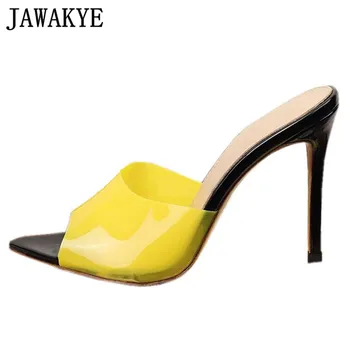 

Runway Imported Film Clear PVC Sandals Women Open Toe Pointy High Heels Stiletto Shoes Outside Candy Color Women Slippers