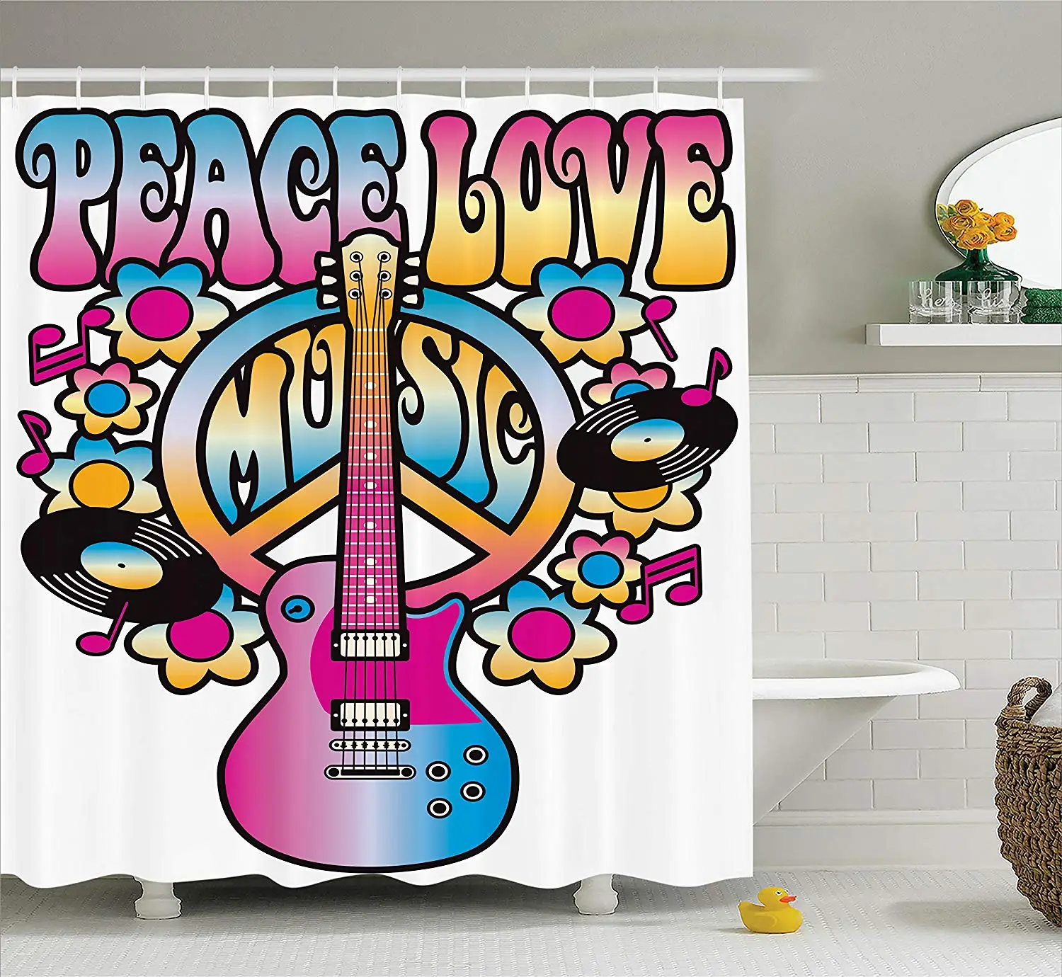 Groovy Shower Curtain Peace Love Music Text With Peace Symbol Guitar Vinyl Records Flowers