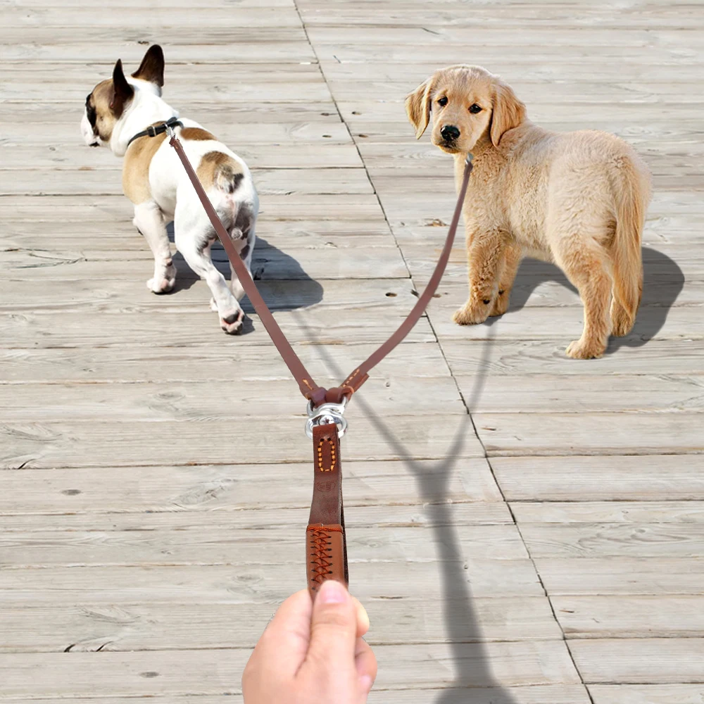 Online 2 vías correa para perro doble dos cables de cuero para mascotas acoplador de NoTangle con mango para caminar y entrenar 2 perros medianos pequeños