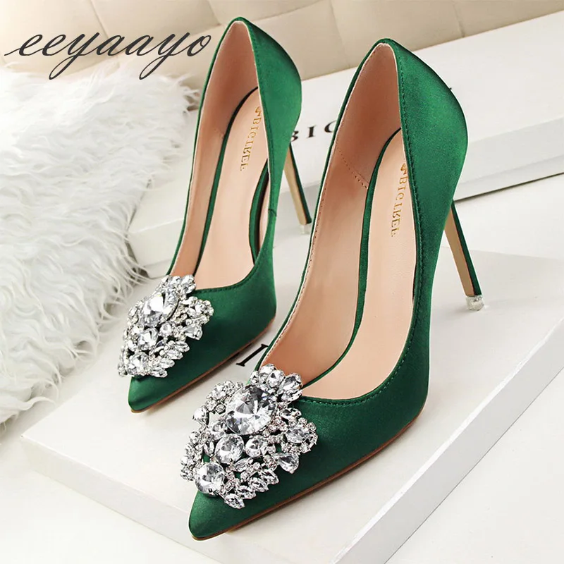 

2019 New Spring/Autumn Women Pumps High Thin Heel Pointed Toe Crystal Bridal Wedding Women Shoes Green Sexy Ladies High Heels