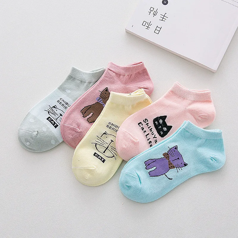 

1 Pair Lovely Cat Pattern Running Short Socks Women Cotton Slippers Short Ankle Socks Low Cut Boat Sports Socks