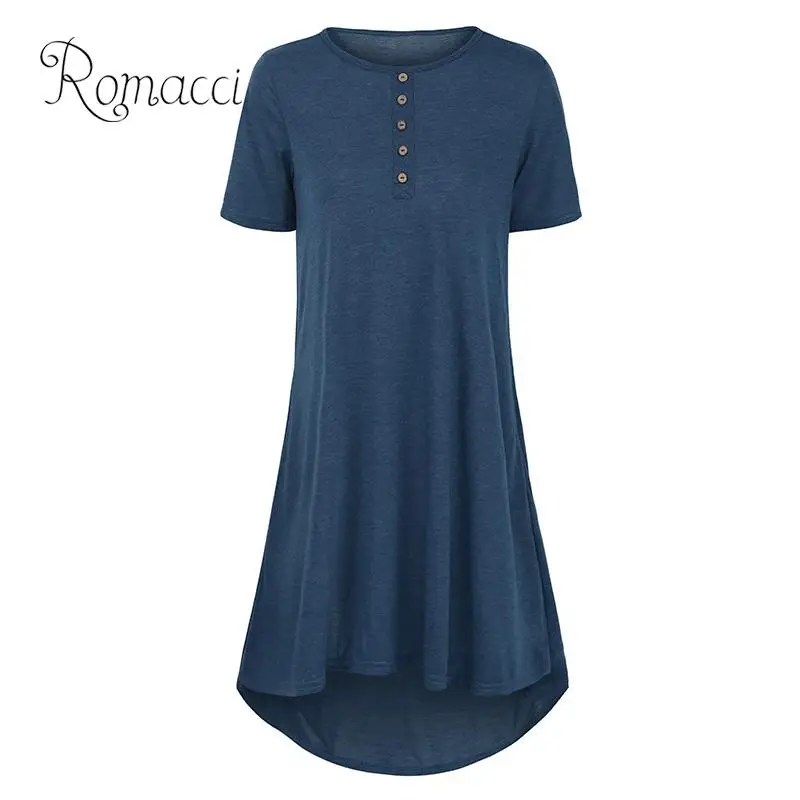 

Romacci Fashion Casual Loose Summer Dress Women Solid Short Sleeve Plain Dress Button High Low Hem Asymmetric t-shirt Dress 2019