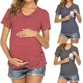 

Breastfeeding Cotton Clothes Women Pregnant Nusring O-Neck Short Sleeve Tops Stripe Clothes Blouse Premama Casual Clothing S-3XL