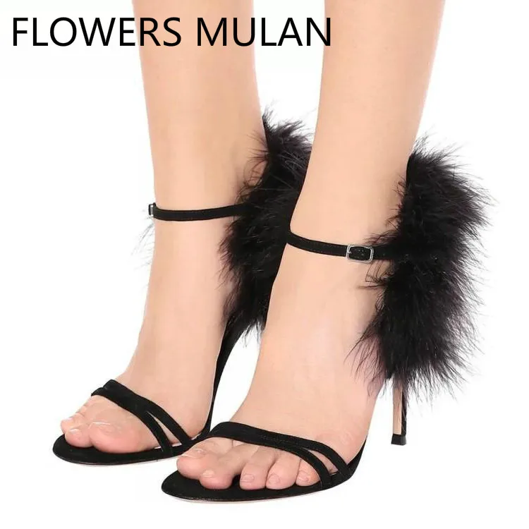 

Luxury Fur Back Strap Women Sandals Brand Designers One Buckle Gladiators High Heels Ladies Shoes Banquet Zapatos De Mujer