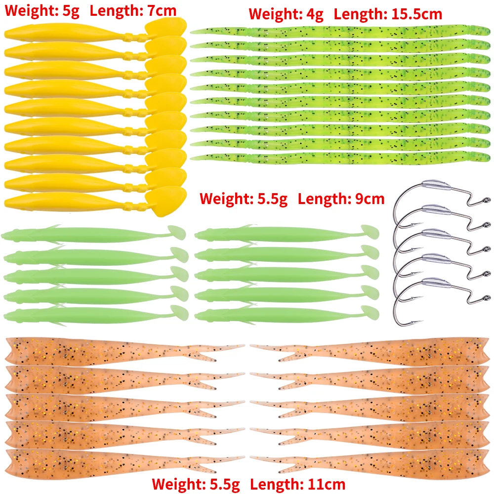 30-40 шт. ручной работы, мягкие приманки Рыбалка приманки + 5 шт. 4/0 джиг червь Крючки Рыбалка снасти 3 г -12.5 г/5.5 см-15.5 см Рыбалка мягкие приманки