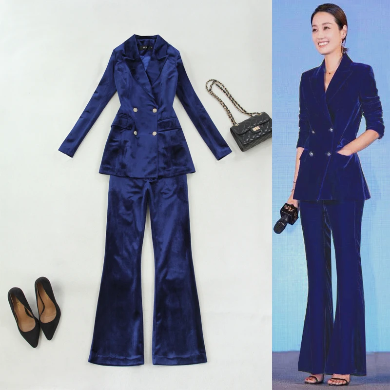 

Large size women's autumn and winter new slim slimming waist double-breasted suit + speaker trousers gold velvet two-piece suit