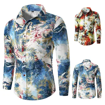 

The new euro 2019 yards splash-ink China printed long sleeve men cotton long sleeve shirt
