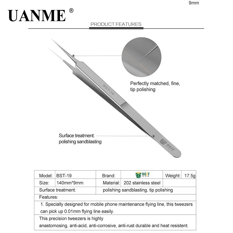Precision Tweezers UANME BST-18-19 Ultra Precision Tweezers Stainless Steel Curved Straigh FlywireTweezers Pliers with Fine Tip Supper Sharp Needle