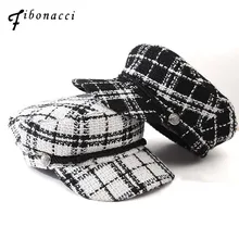 Фибоначчи, новинка, черно-белые вязаные клетчатые военные шапки, Ретро стиль, мужская и женская кепка, модная повседневная шляпа с плоским верхом в морском стиле