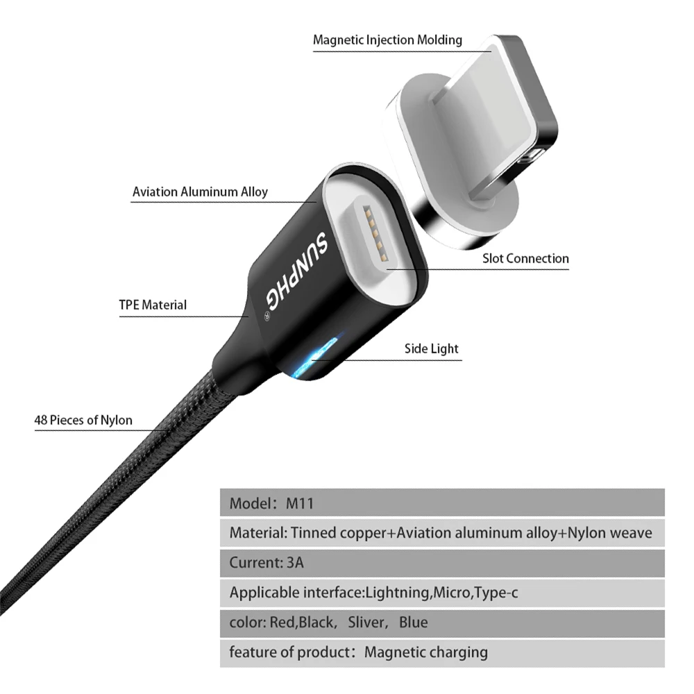 Магнитный зарядный кабель SUNPHG для Samsung Android A7 A6 Galaxy S7 Micro usb 3 А быстрой зарядки и
