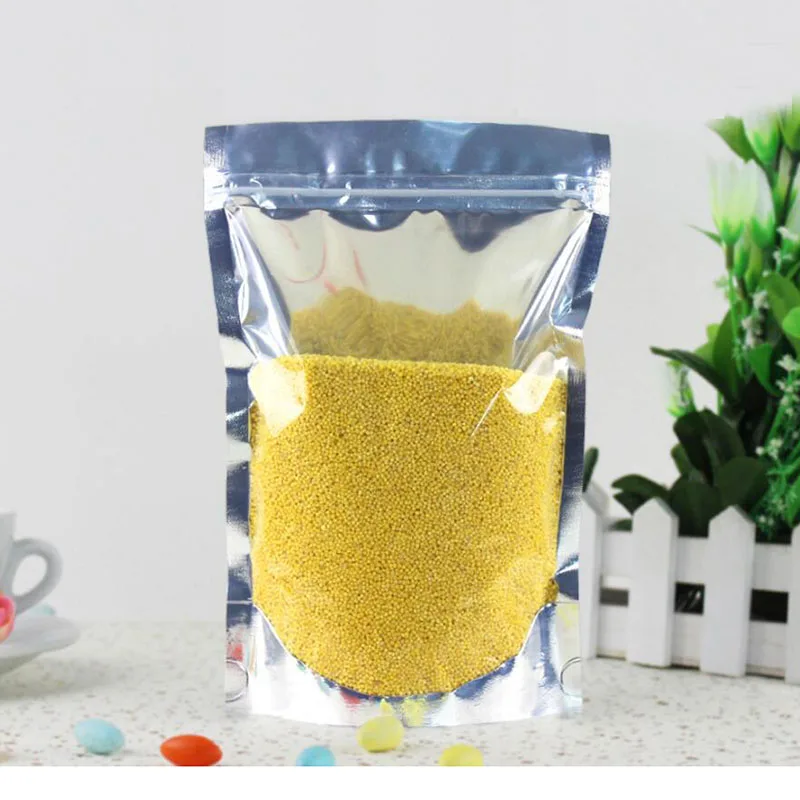 100Pcs Stand up Translucent Aluminium Foil zip Lock bag, Silvery Metallic Plastic Packaging Pouch for Food Candy Cookie Baking