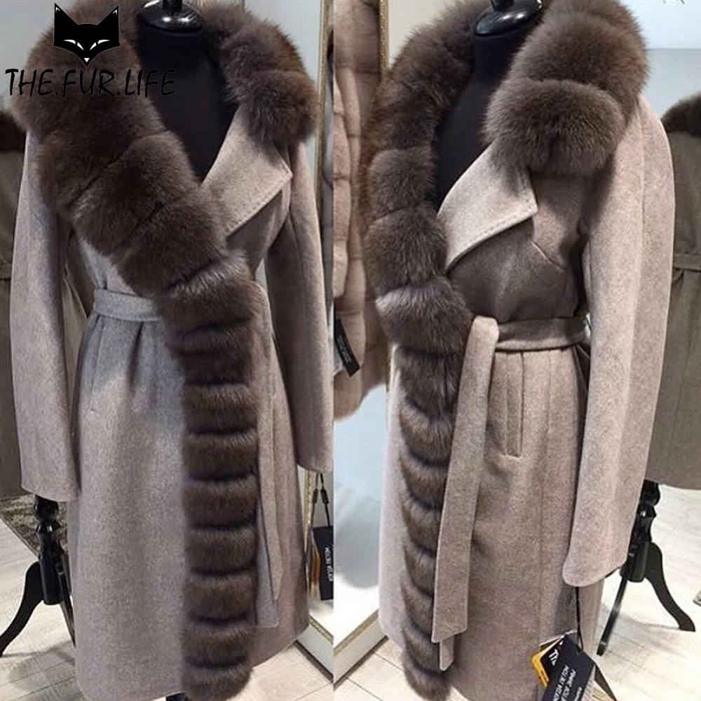 Luxurious Nature Silver Fox Fur Coats Warm Long Real Fur Collar Slim Fashion Woollen Jacket For Female Especially Winter Tops