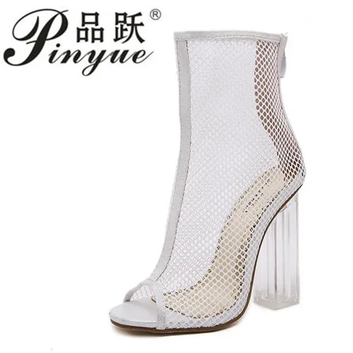 

Women Summer Ankle Boots Mesh Cut Out Hollow Peep Toe Bootie Shoes Woman Transparent Block Thick High Heel Sandals