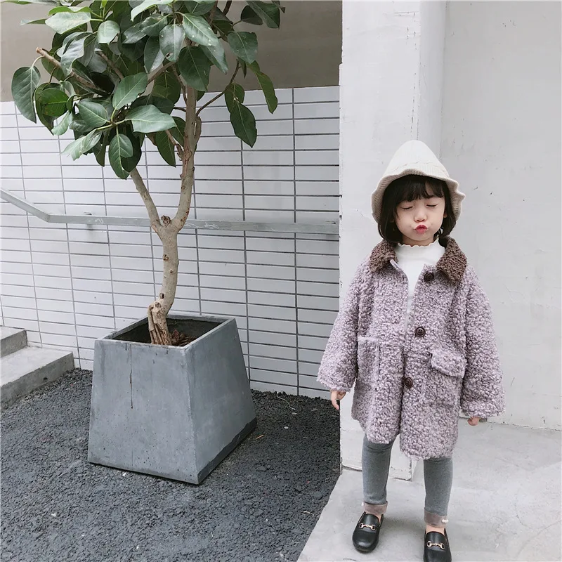 Модное детское пальто в Корейском стиле для девочек; плотная теплая шерстяная куртка с длинными рукавами; флисовая верхняя одежда с искусственным мехом; детская зимняя одежда - Цвет: Лаванда