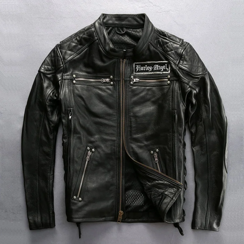 DHL free shipping Men Genuine Leather Jacket Vintage Classic Warm Motorcycle Biker Black Jacket Skull Embroidery Cowhide Coat