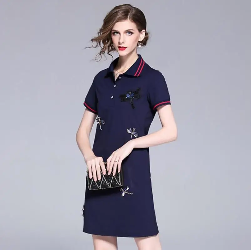 New Arrival 2018 Brand Clothing Summer Short Sleeved T-shirt Dress Women Embroidery Beading Casual White POLO Shirt Dress S-XXL