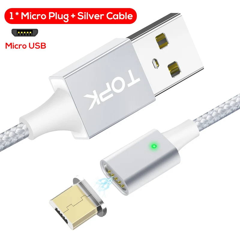 TOPK F-Line2 светодиодный магнитный Micro USB кабель для samsung Xiaomi huawei кабели для мобильных телефонов нейлоновый Плетеный Магнитный кабель для зарядки и передачи данных - Цвет: Sliver Cable