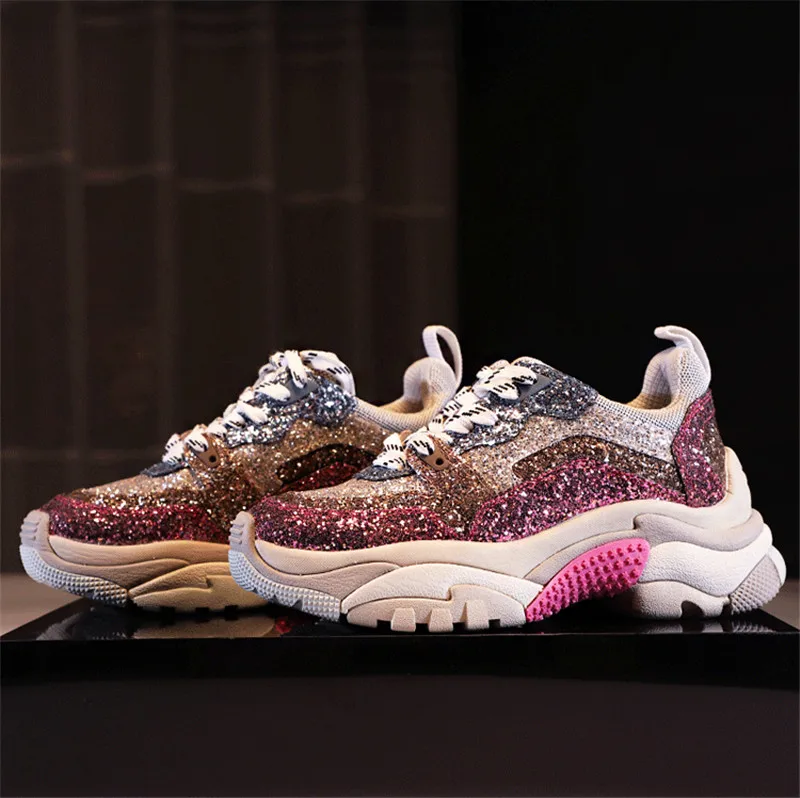 Mcacchi/разноцветные кроссовки; коллекция года; Лидер продаж; женские кроссовки на нескользящей платформе, украшенные блестками; обувь на шнуровке, увеличивающая рост; обувь из сетчатого материала с блестками